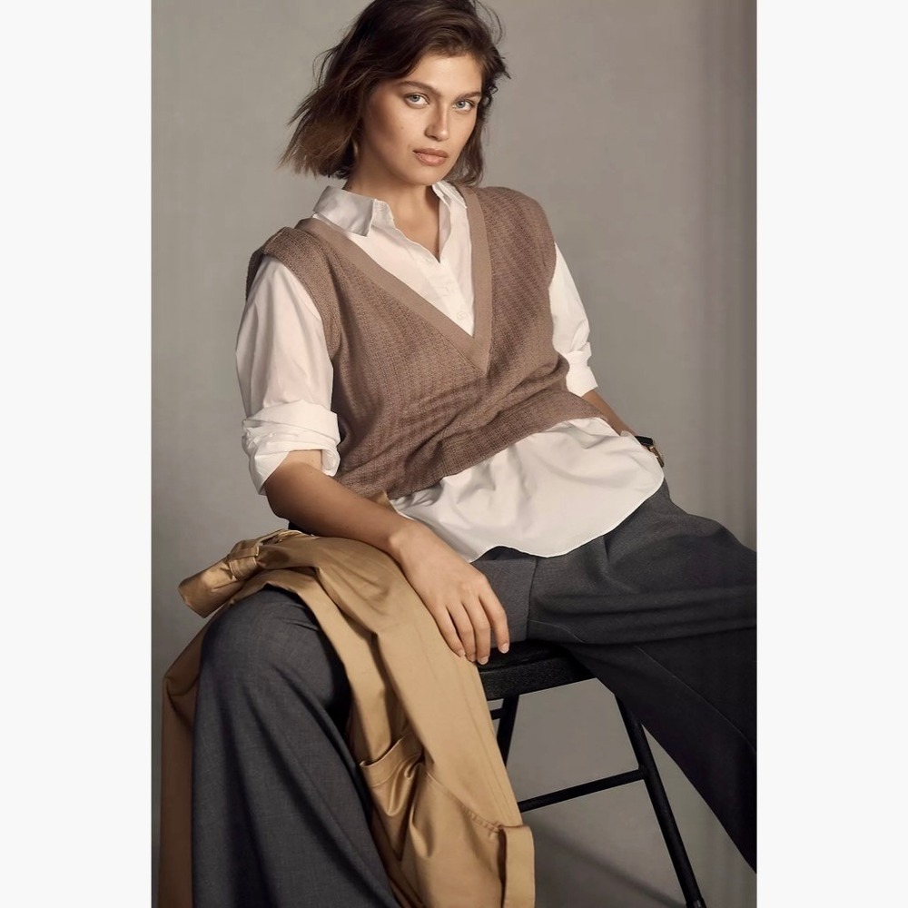 By ANTHROPOLOGIE Twofer Sweater Vest Shirt Blouse Layered Brown‎ White X-Small